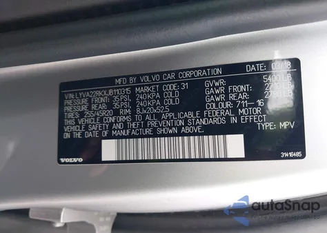 2018 Volvo Xc60 T6 Momentum from USA, damaged, VIN LYVA22RKXJB110315